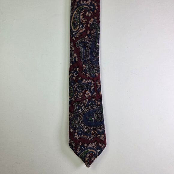 Marshall Field’s Made in England Wool Paisley Tie Burgundy Green Blue 3.25” Wide - Picture 5 of 10